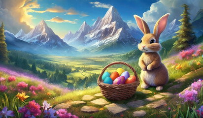 cute easter bunny rabbit and egg in hill with green fields and colorful flower on a bright day
