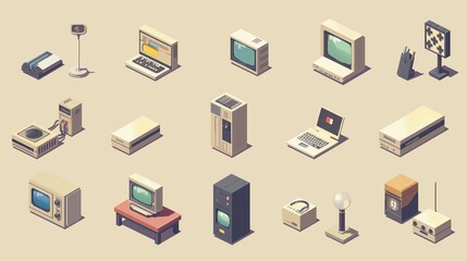 (15) Pixelated tech items, computers and monitors with retro-style pixels.