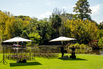 preparing for a concert in the park