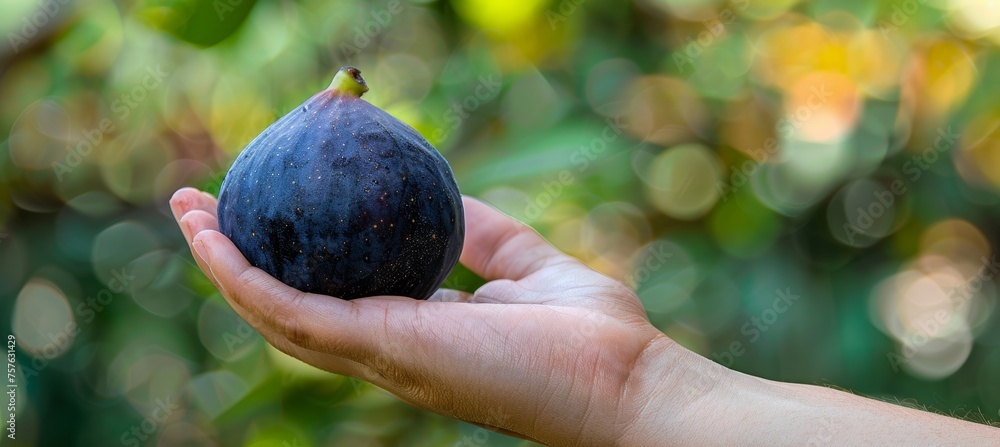 Poster hand holding ripe fig, fig selection on blurred background with copy space for text placement