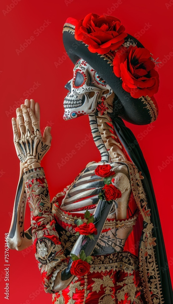 Poster day of the dead skeleton face painting background with empty space for text overlay