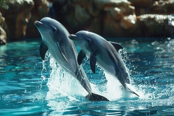 Naklejka premium Two dolphins are elegantly soaring through the air during a live aquatic show, enchanting the audience with their grace