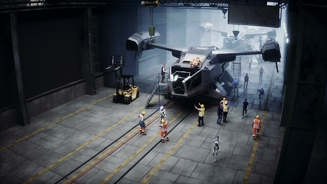 Production of military futuristic ship at the factory. Future concept. Realistic 4k animation.