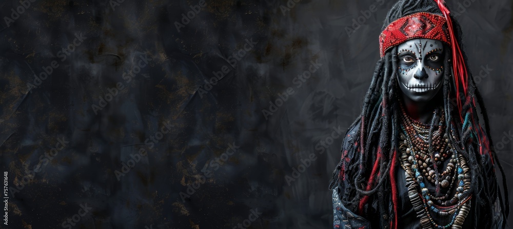Poster day of the dead skeleton face painting background with ample space for text placement