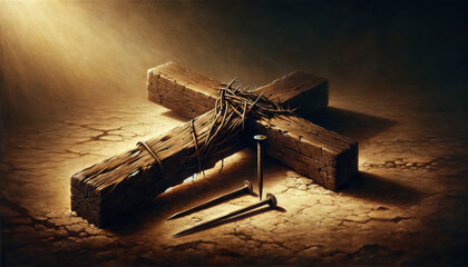  Arma Christi: Holy Nails, and Cross. Wooden cross made of wood and nails on cracked ground. 3d illustration