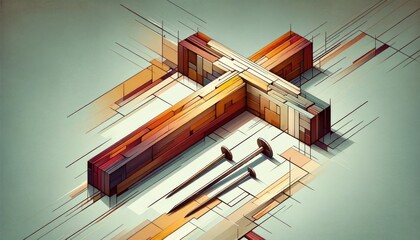  Arma Christi: Holy Nails, and Cross. Wooden cross with nails on the ground. Abstract composite image.