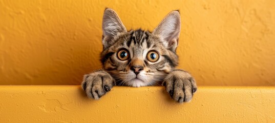 Curious tabby kitten peeking with paws up on yellow wooden background, copy space for text