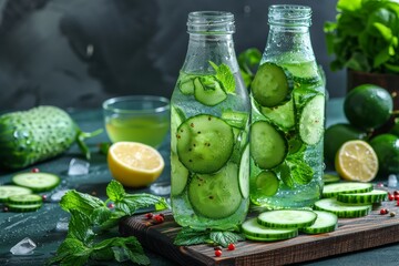 Two glass bottles filled with cucumber infused water surrounded by fresh ingredients on a rustic wooden board