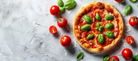 Italian pizza top view on white background with copy space, traditional cuisine concept