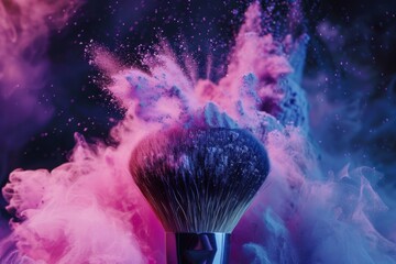 Makeup brush with pink powder and smoke on a dark background