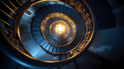 Obraz premium Spiral staircase in modern building, close-up view of spiral staircase