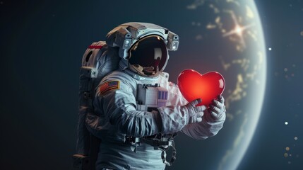 Astronaut with glowing heart in space, earth backdrop, stars and galaxies   love in space concept