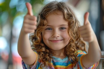 Happy little girl with curly hair showing two thumbs up and a joyful smile in a casual outfit