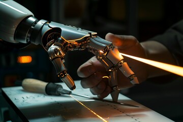 A close-up of a robotic hand being fine-tuned by an engineer's tools on International Engineers Day, symbolizing the meticulous attention to detail required in the field of robotics engineering. - obrazy, fototapety, plakaty