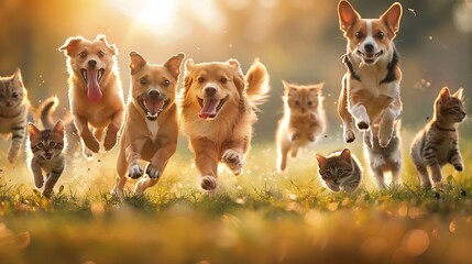 group of pets two cats and a couple of dogs walking on the grass in a sunny summer meadow