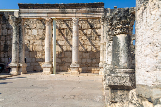 Dramatic image of the synagogue ruins in Capharnaum, Israel. Hometown of Jesus.