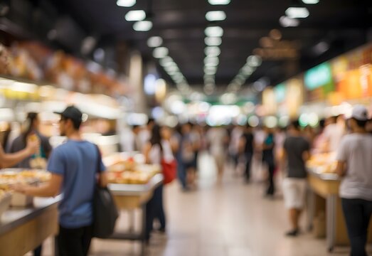 Fully Blurred image of a bustling food court, generative AI
