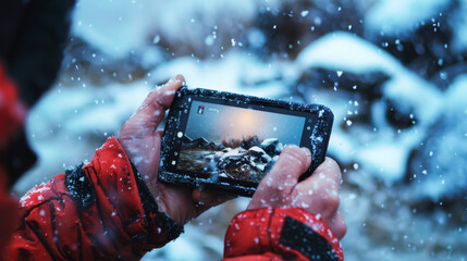A winter landscape captured on a smartphone, highlighting the beauty of snowfall and the modern way we record memories.