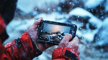 Fototapeten A winter landscape captured on a smartphone, highlighting the beauty of snowfall and the modern way we record memories. © AI Visual Vault