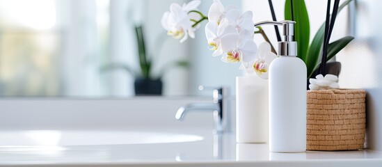 A glass bottle of shampoo sits next to a liquidfilled sink adorned with a vase of flowers. The combination of nature and hygiene creates a harmonious atmosphere in the bathroom