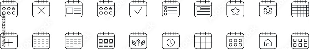 Poster calendar with icons pictogram drawn with thin line. editable stroke. simple linear illustration for 