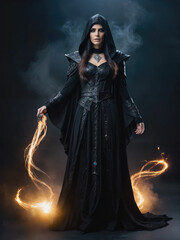 AI generated portrait of a dark witch casting a spell isolated on a dark background