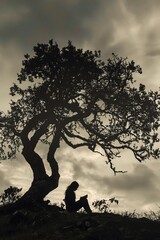 man reading book under tree with cloudy sky