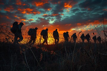 Sunset border scene: silhouette of illegal immigrants walking by barbed wire fence. - obrazy, fototapety, plakaty