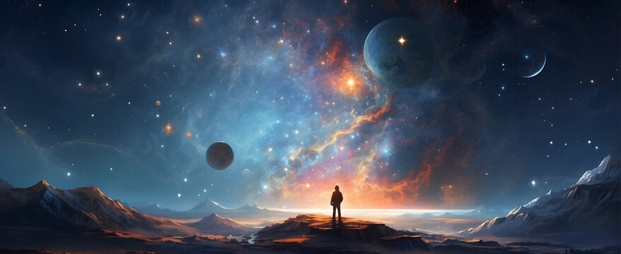 A striking image of a lone silhouette standing before a breathtaking cosmic scene, with planets, stars, and vibrant nebulae