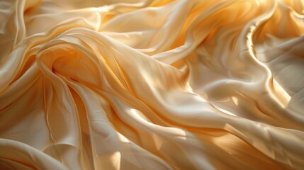 Luxurious golden satin fabric with a smooth, silky texture, rippling in soft waves, perfect for high-end design backgrounds.