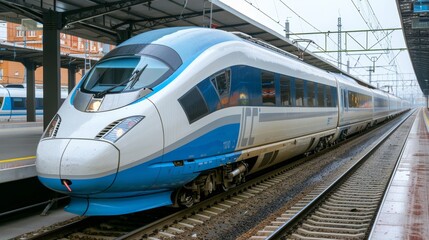 Fototapeta premium High speed express train arriving at bustling city station with tracks stretching ahead.