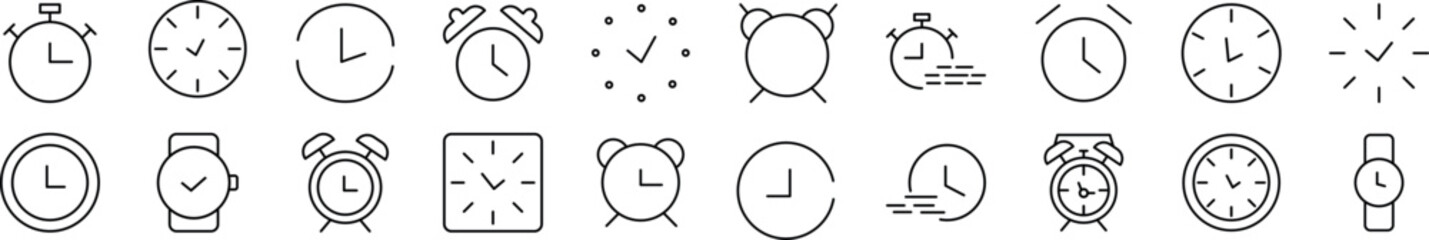 Collection of thin signs of clock. Editable stroke. Simple linear illustration for stores, shops, banners, design