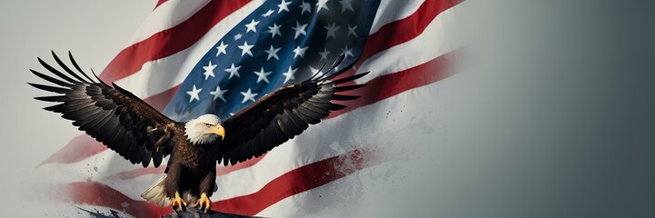 Banner of a bald eagle flying on American flag.