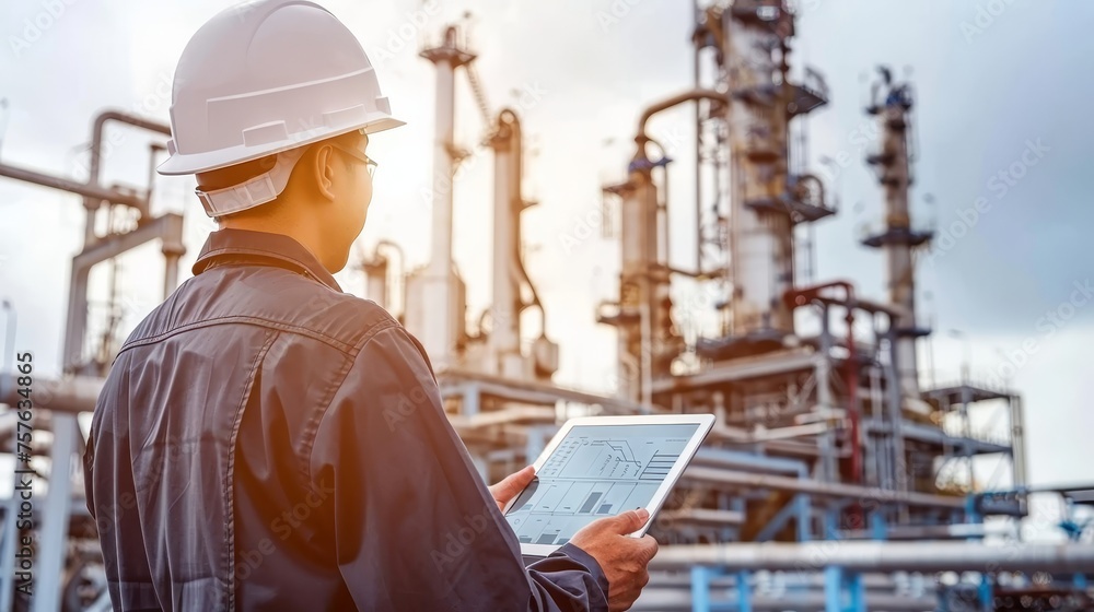 Poster engineer in helmet inspecting data at oil refinery with factory structures and dynamic sky