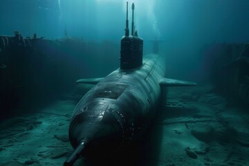 A submarine is seen in the ocean with a dark blue color