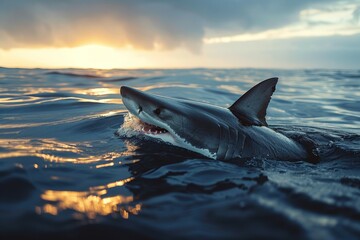 A shark is swimming in the ocean with its mouth open