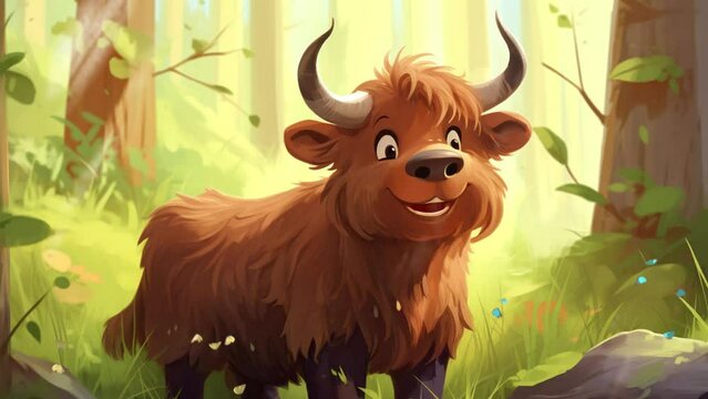 Adorable yak exploring vibrant jungle scenery with gentle demeanor and curiosity Seamless looping 4k time-lapse virtual video animation background. Generated AI
