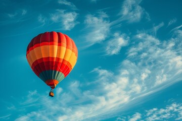 Fototapeta na wymiar A hot air balloon is floating in the sky above a blue sky