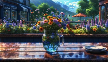 A colorful vase of wildflowers on a cafe table. 