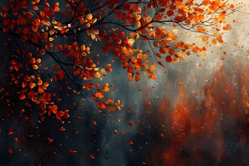 Autumn leaves falling in a lively close-up against a vivid backdrop of the setting sun. Autumn leaves on the sun and hazy trees. The beauty of autumn. Autumnal backdrop: A Beautiful Scenery 