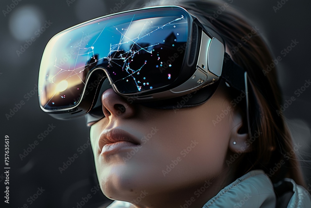 Poster broken virtual reality glasses with cracks. background with selective focus and copy space