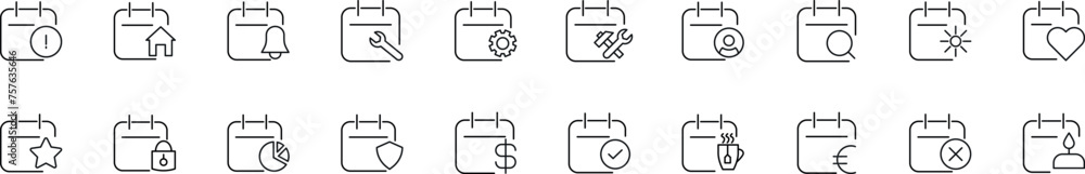 Poster set of vector outline symbols of calendars with various items. editable stroke. line icon for web si