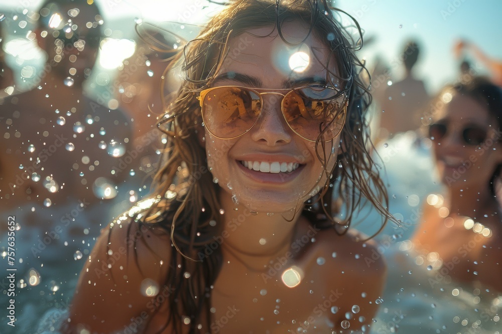 Poster A woman with wet hair and sunglasses is smiling in the water. Summer foam party concept