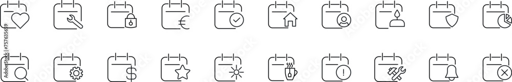 Poster collection of thin vector images of calendars with various items. editable stroke. simple line icon 