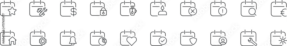 Poster images of calendars with various items drawn with thin line. editable stroke. simple linear illustra
