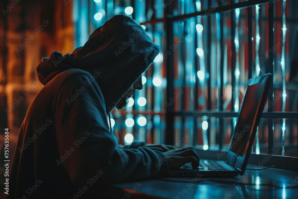 Aufkleber a man is sitting at a desk with a laptop in front of him. prisoner hacker in prison