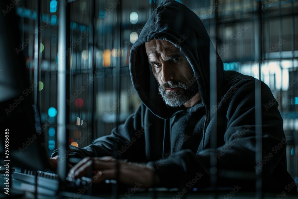 Aufkleber a man in a hoodie is typing on a computer. prisoner hacker in prison