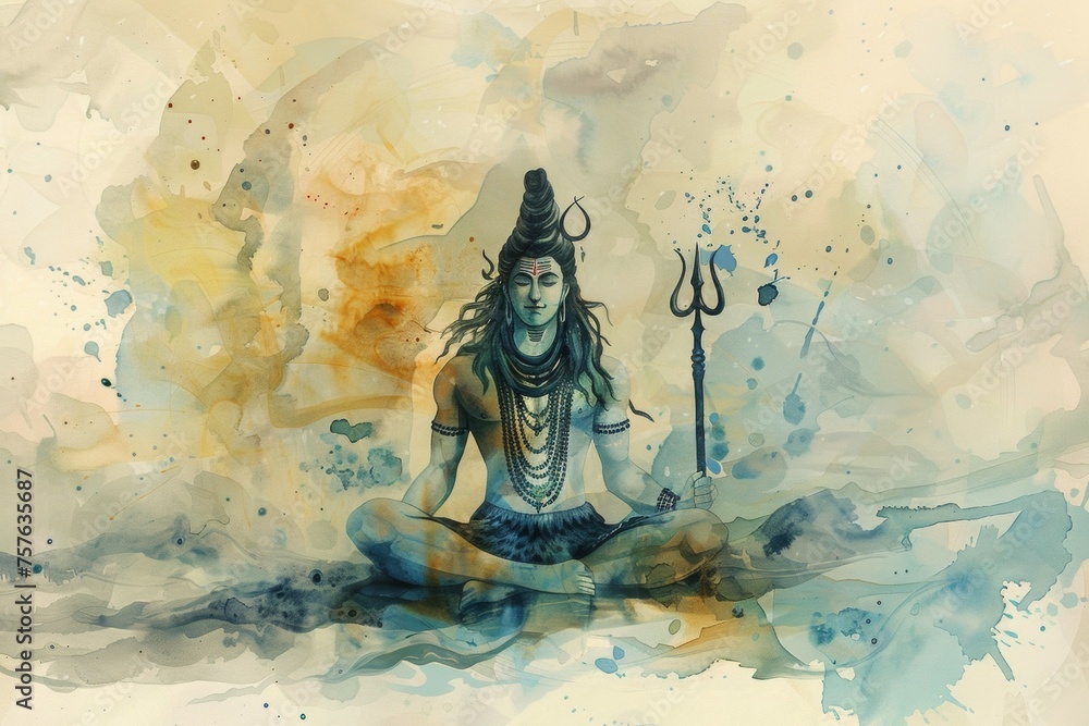 Wall mural a painting of a man in a lotus position with a blue and yellow background