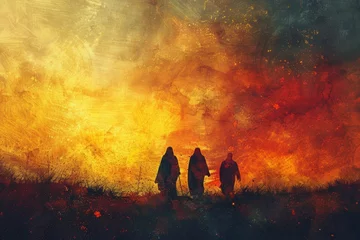 Foto op Canvas Three people are walking in a field with a sunset in the background © top images