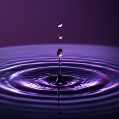 Naklejka na ściany i meble Water droplets touching the water surface ripple in circles Floating up from the surface of the water in mid-air Capture the beauty of water droplets in this timeless, purple-background photograph.
